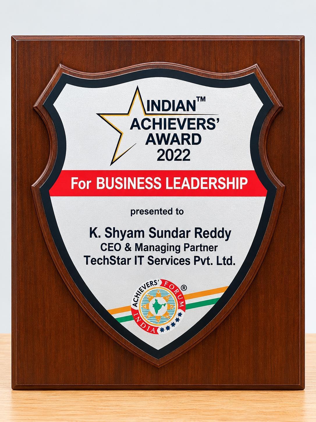 Indian Achievers' Award 2022 for Business Leadership plaque presented to K. Shyam Sundar Reddy, CEO & Managing Partner, TechStar IT Services Pvt. Ltd.