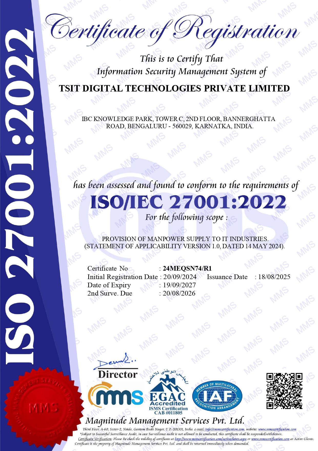 ISO/IEC 27001:2022 Information Security Management System certificate of registration issued to TSIT Digital Technologies Private Limited, Bengaluru, for provision of manpower supply to IT industries