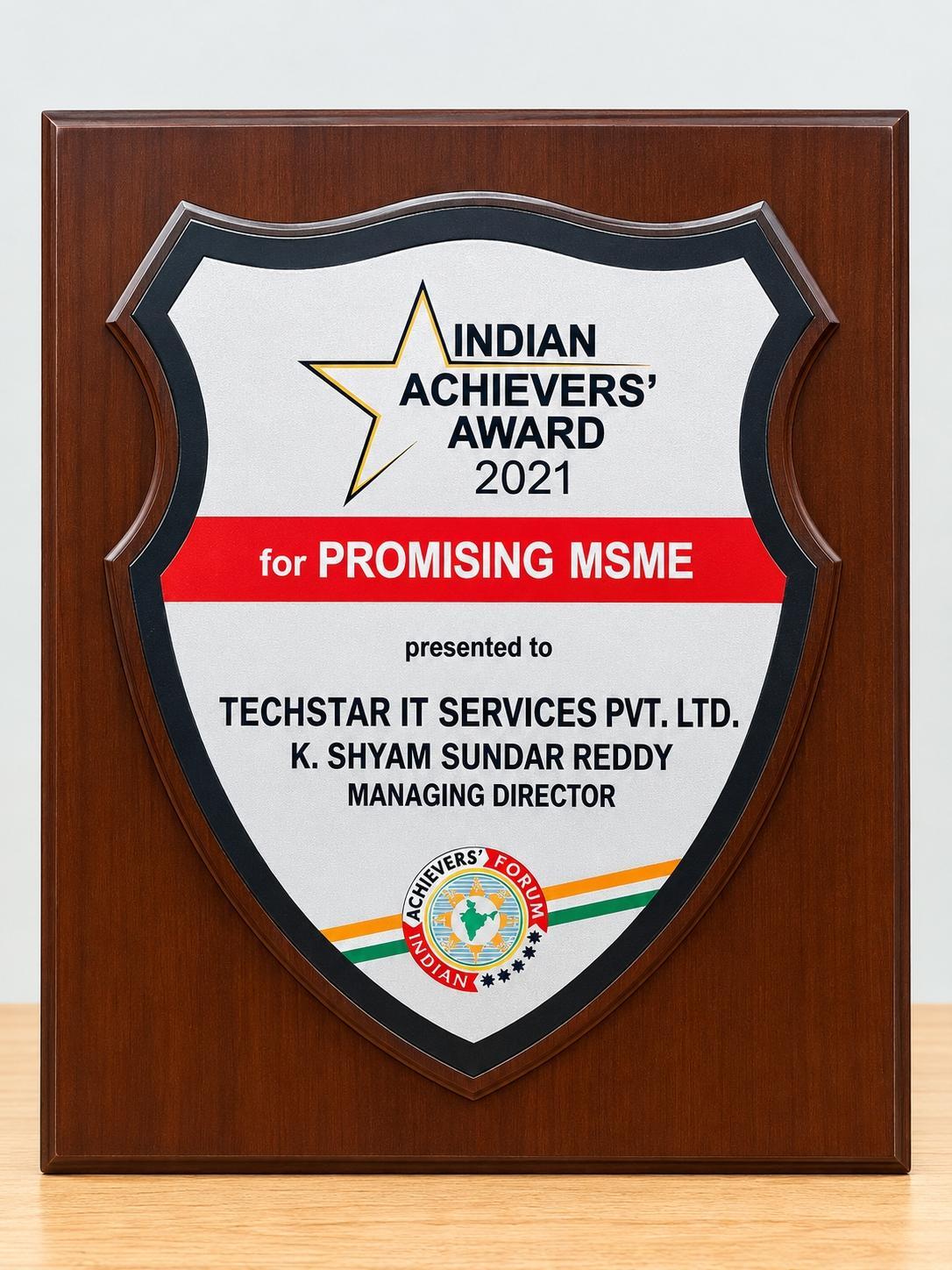 Indian Achievers' Award 2021 for Promising MSME plaque presented to Techstar IT Services Pvt. Ltd. and K. Shyam Sundar Reddy, Managing Director